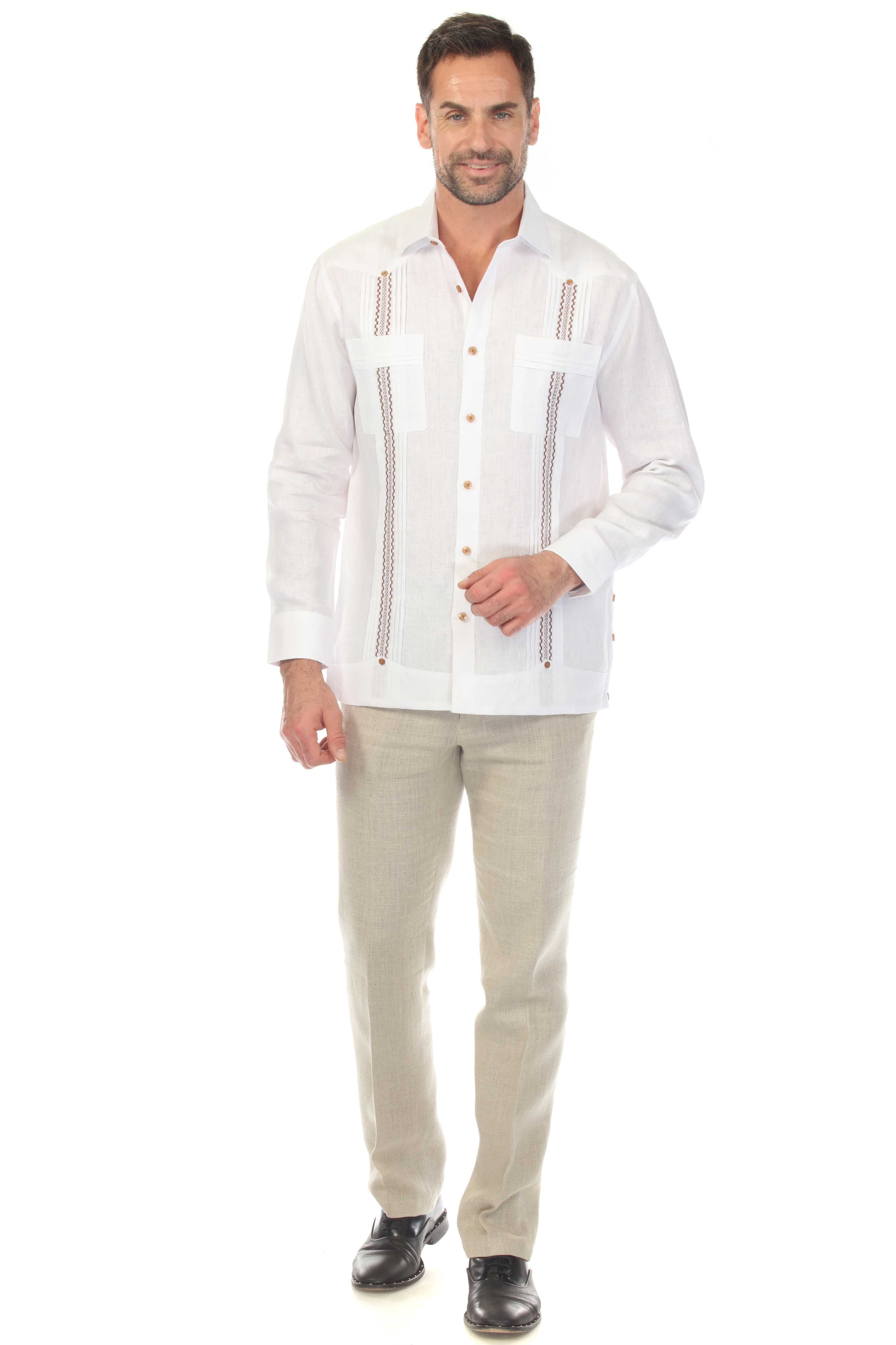 Men's 100% Linen Guayabera Shirt Long Sleeve with Embroidered Trim