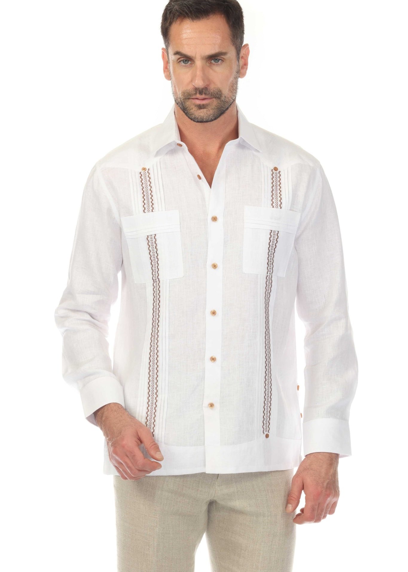 Men's 100% Linen Guayabera Shirt Long Sleeve with Embroidered Trim