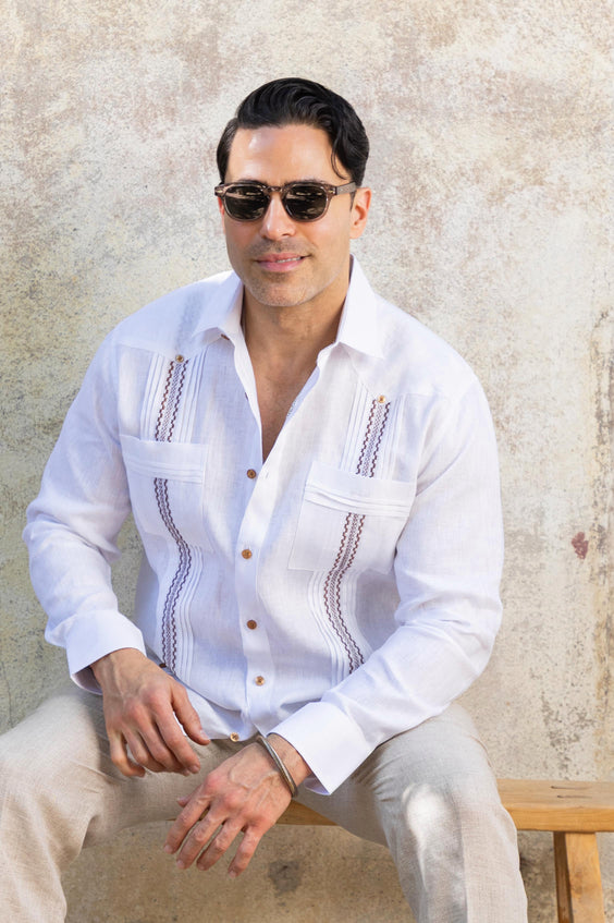 Men's 100% Linen Guayabera Shirt Long Sleeve with Embroidered Trim