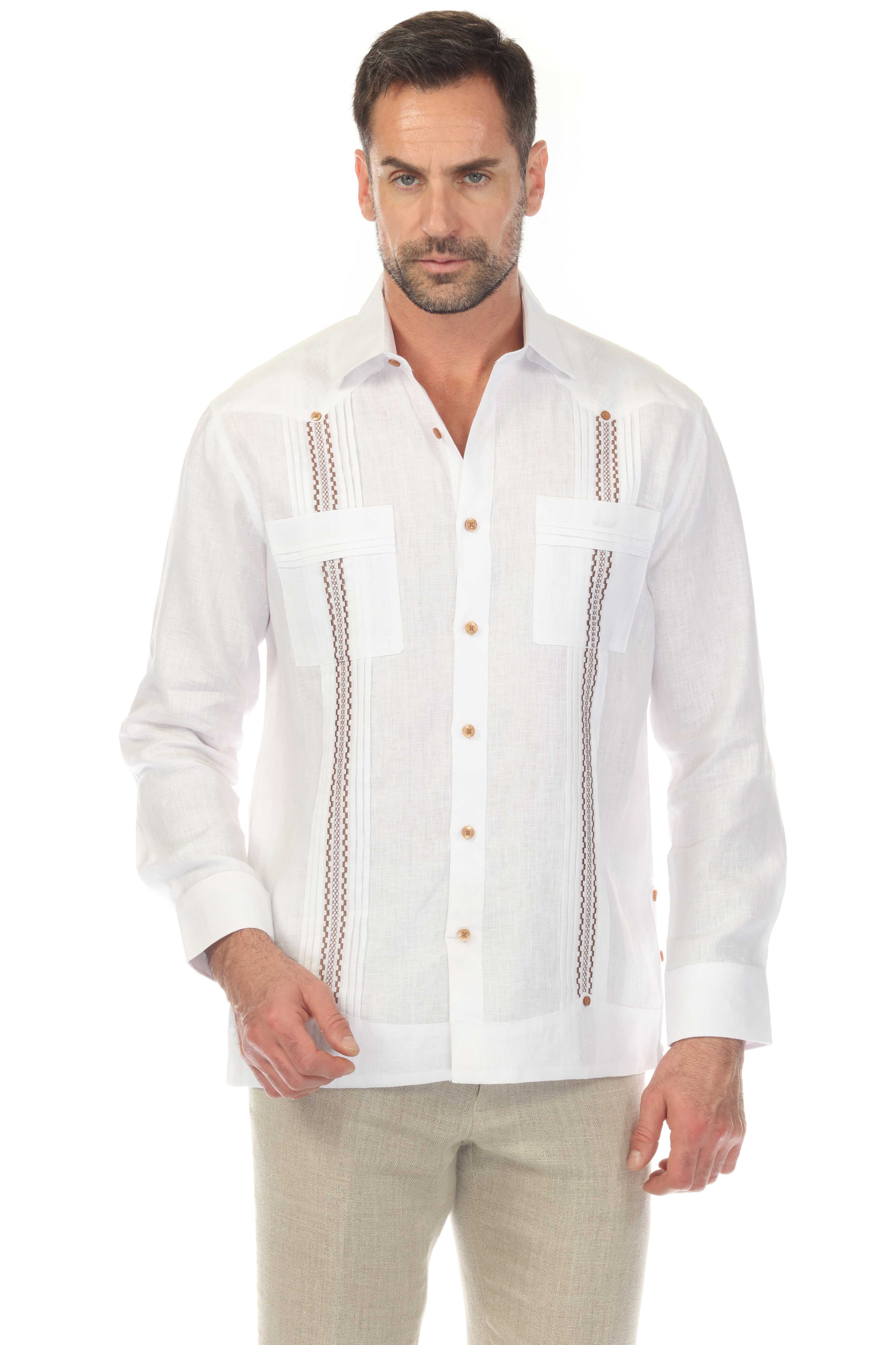 Men's 100% Linen Guayabera Shirt Long Sleeve with Embroidered Trim