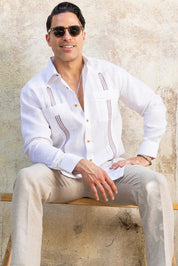 Men's 100% Linen Guayabera Shirt Long Sleeve with Embroidered Trim