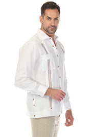 Men's 100% Linen Guayabera Shirt Long Sleeve with Embroidered Trim