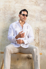 Men's 100% Linen Guayabera Shirt Long Sleeve with Embroidered Trim