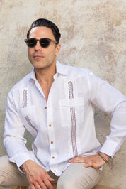 Men's 100% Linen Guayabera Shirt Long Sleeve with Embroidered Trim
