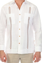 Men's 100% Linen Guayabera Shirt Long Sleeve with Embroidered Trim
