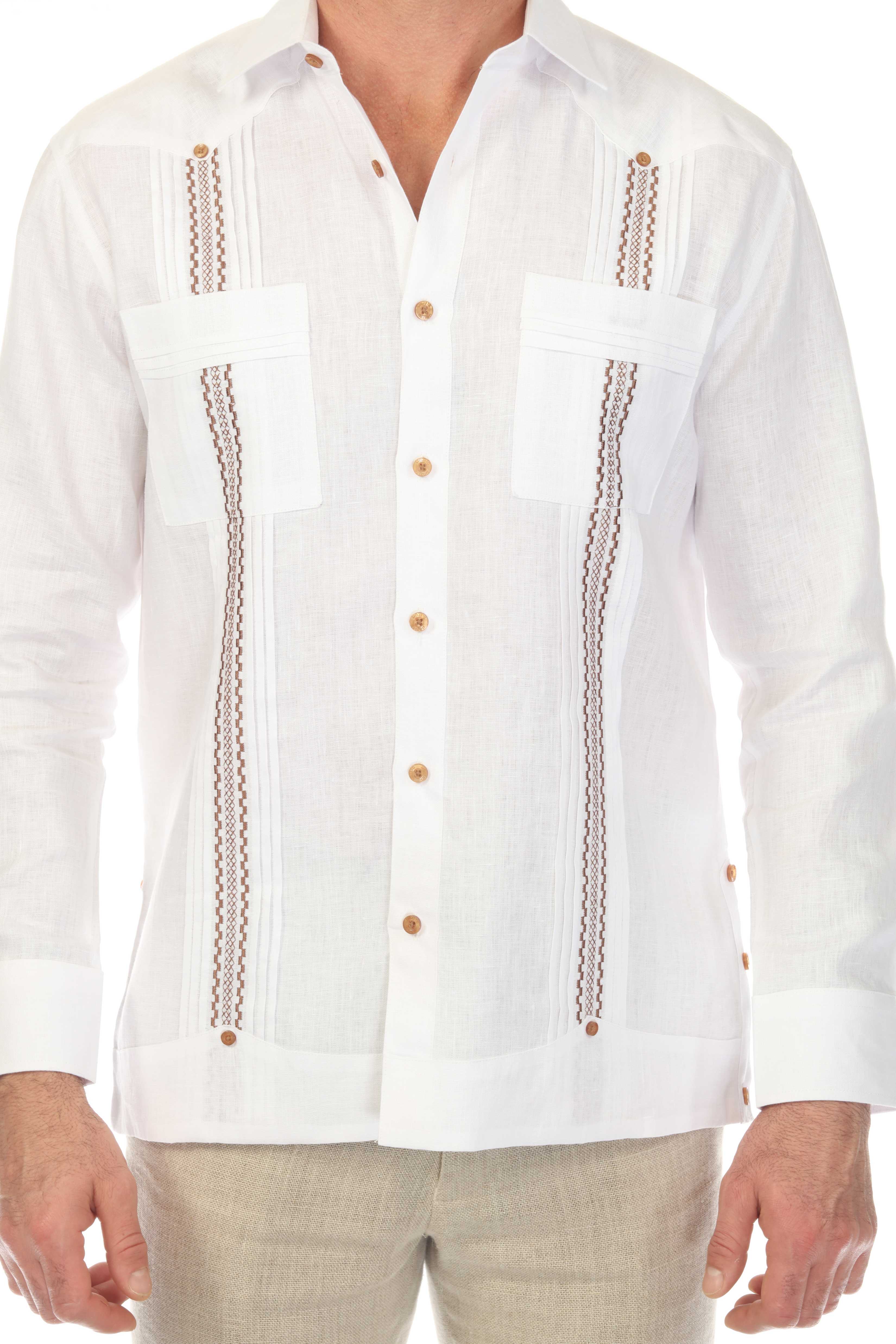 Men's 100% Linen Guayabera Shirt Long Sleeve with Embroidered Trim