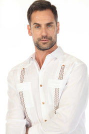 Men's 100% Linen Guayabera Shirt Long Sleeve with Embroidered Trim