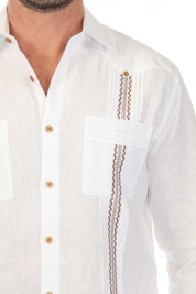 Men's 100% Linen Guayabera Shirt Long Sleeve with Embroidered Trim