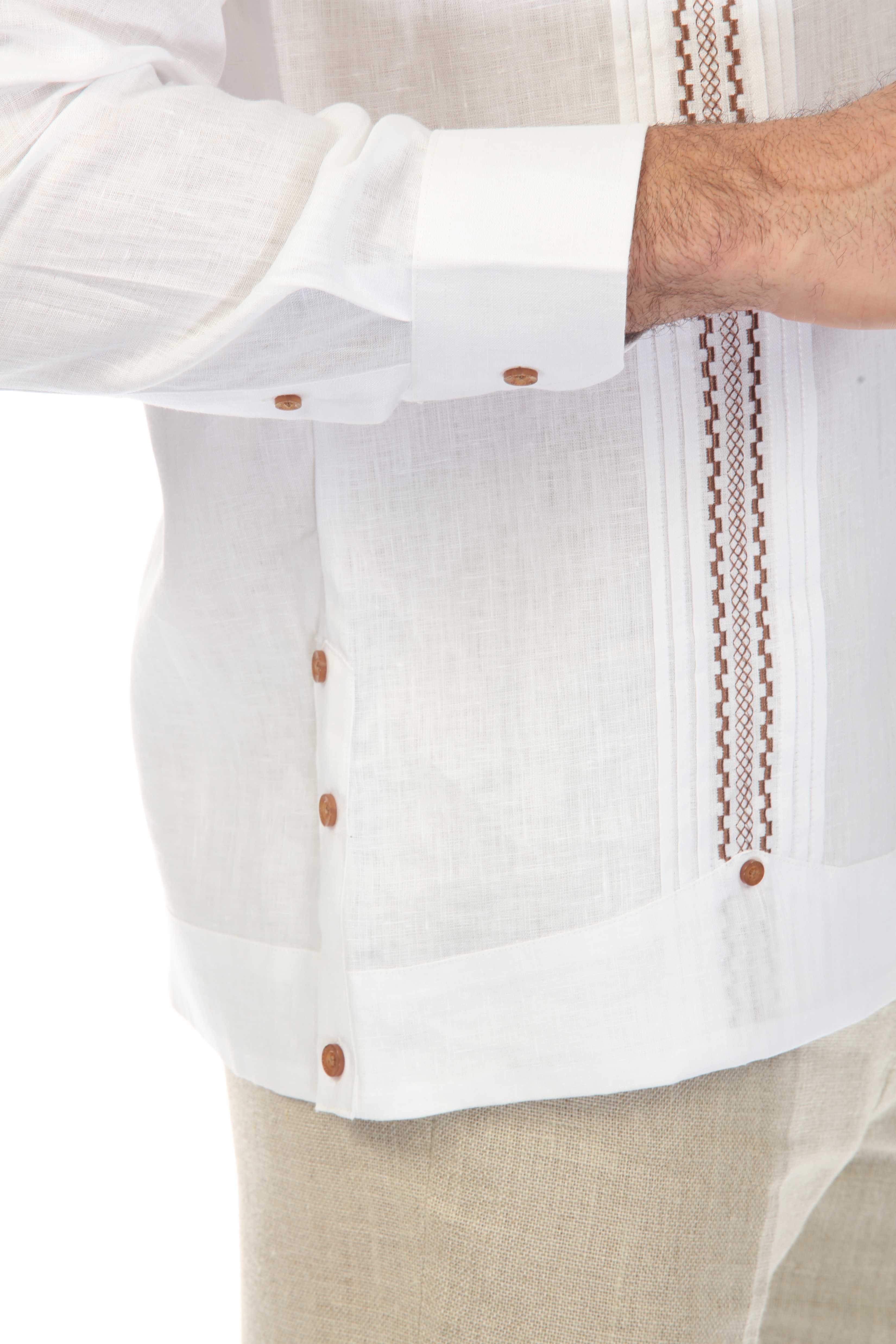 Men's 100% Linen Guayabera Shirt Long Sleeve with Embroidered Trim
