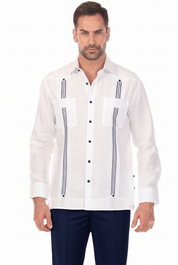 100% Linen Embroidery Trimmed Guayabera Long Sleeve
