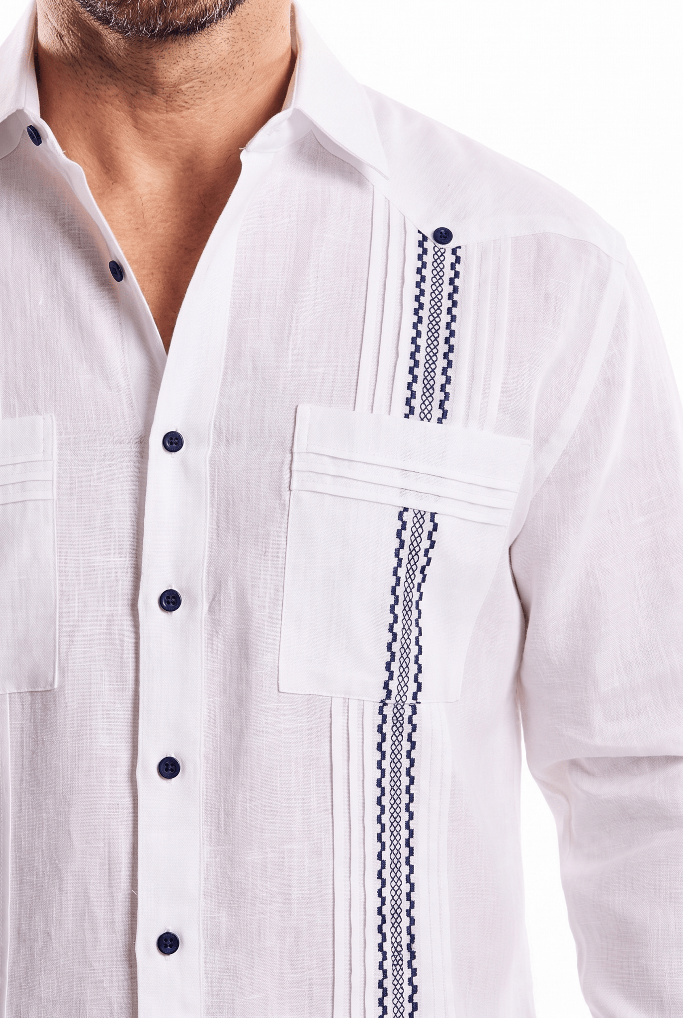100% Linen Embroidery Trimmed Guayabera Long Sleeve