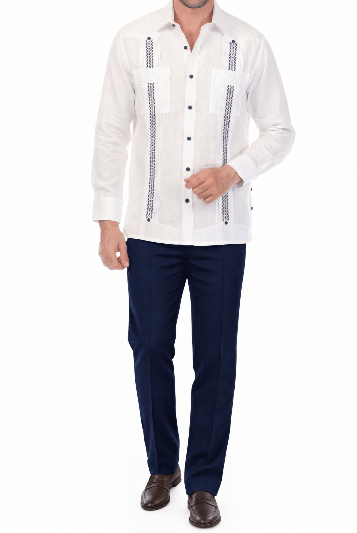 100% Linen Embroidery Trimmed Guayabera Long Sleeve