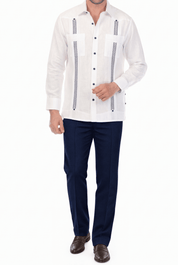 100% Linen Embroidery Trimmed Guayabera Long Sleeve