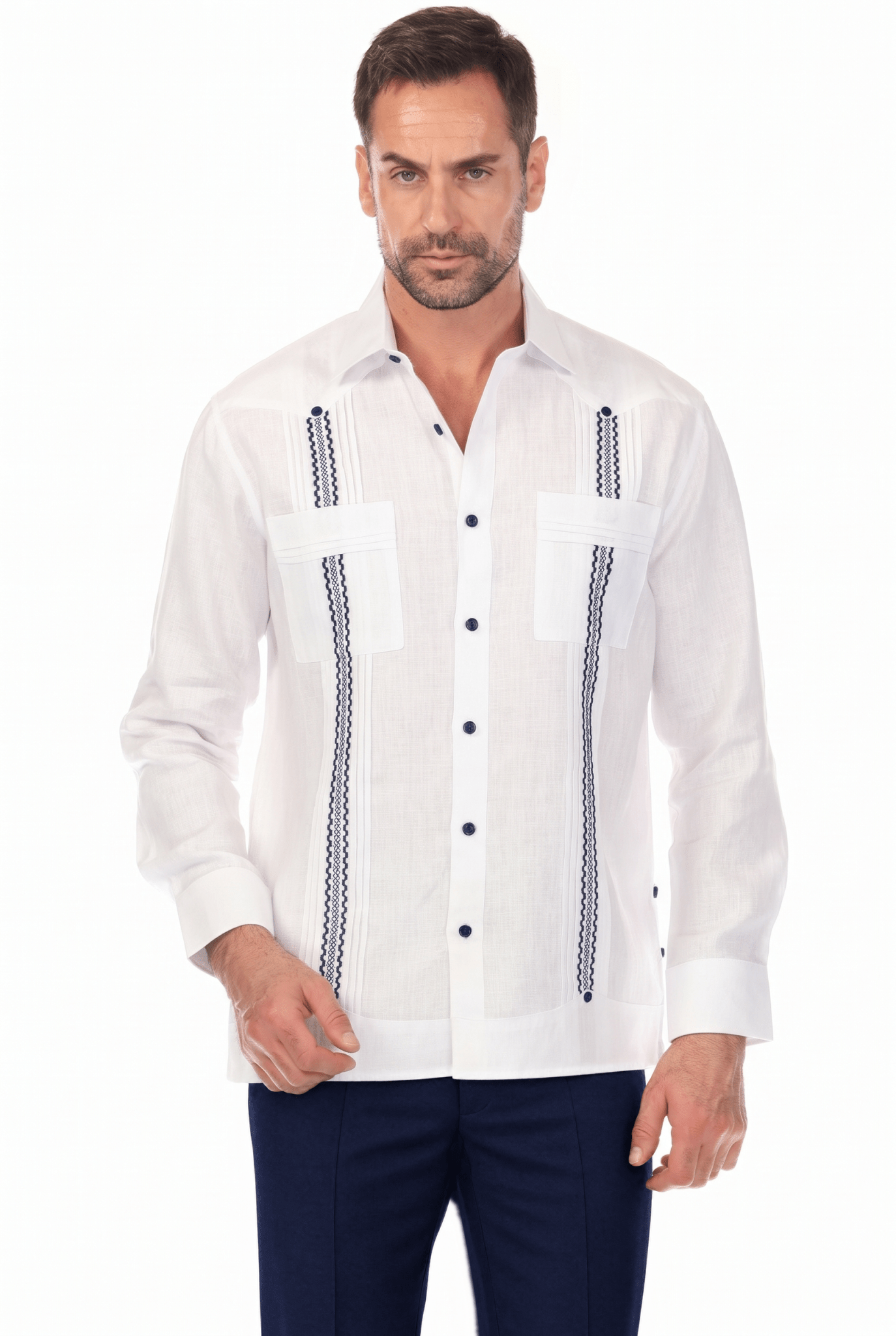 100% Linen Embroidery Trimmed Guayabera Long Sleeve