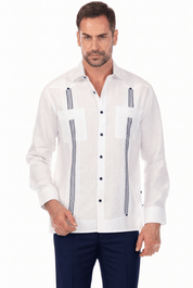 100% Linen Embroidery Trimmed Guayabera Long Sleeve