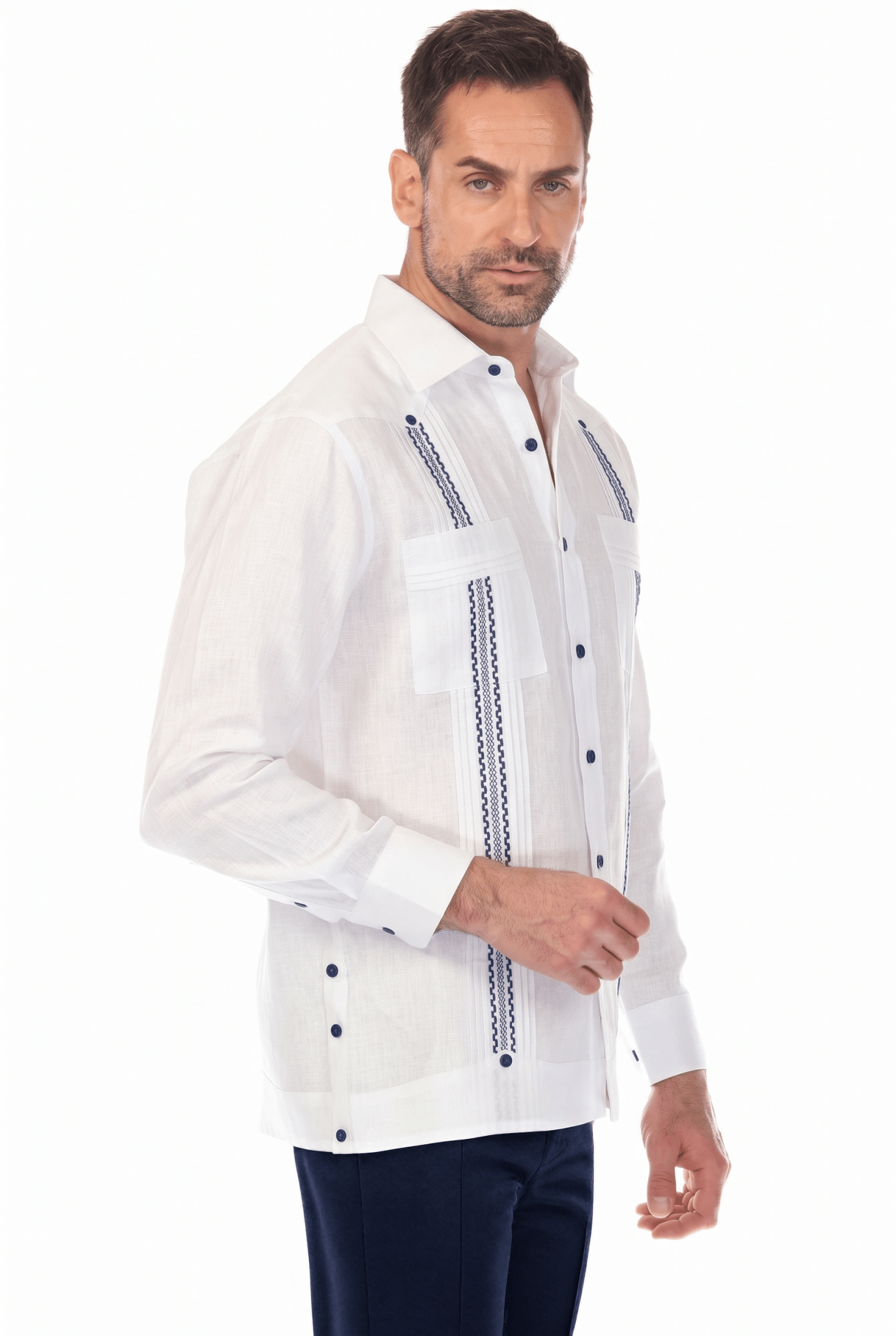 100% Linen Embroidery Trimmed Guayabera Long Sleeve