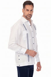 100% Linen Embroidery Trimmed Guayabera Long Sleeve