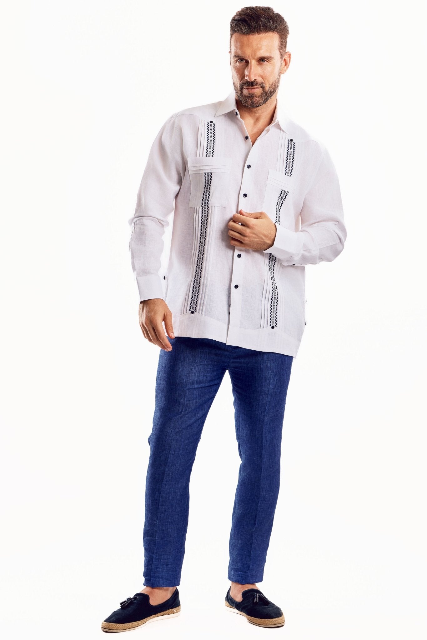 Men's 100% Linen Guayabera Shirt Long Sleeve with Embroidered Trim