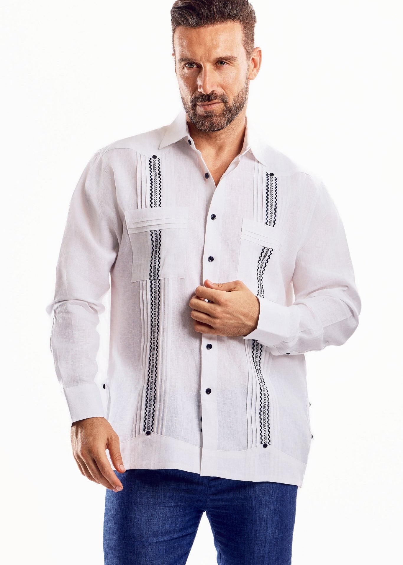Men's 100% Linen Guayabera Shirt Long Sleeve with Embroidered Trim