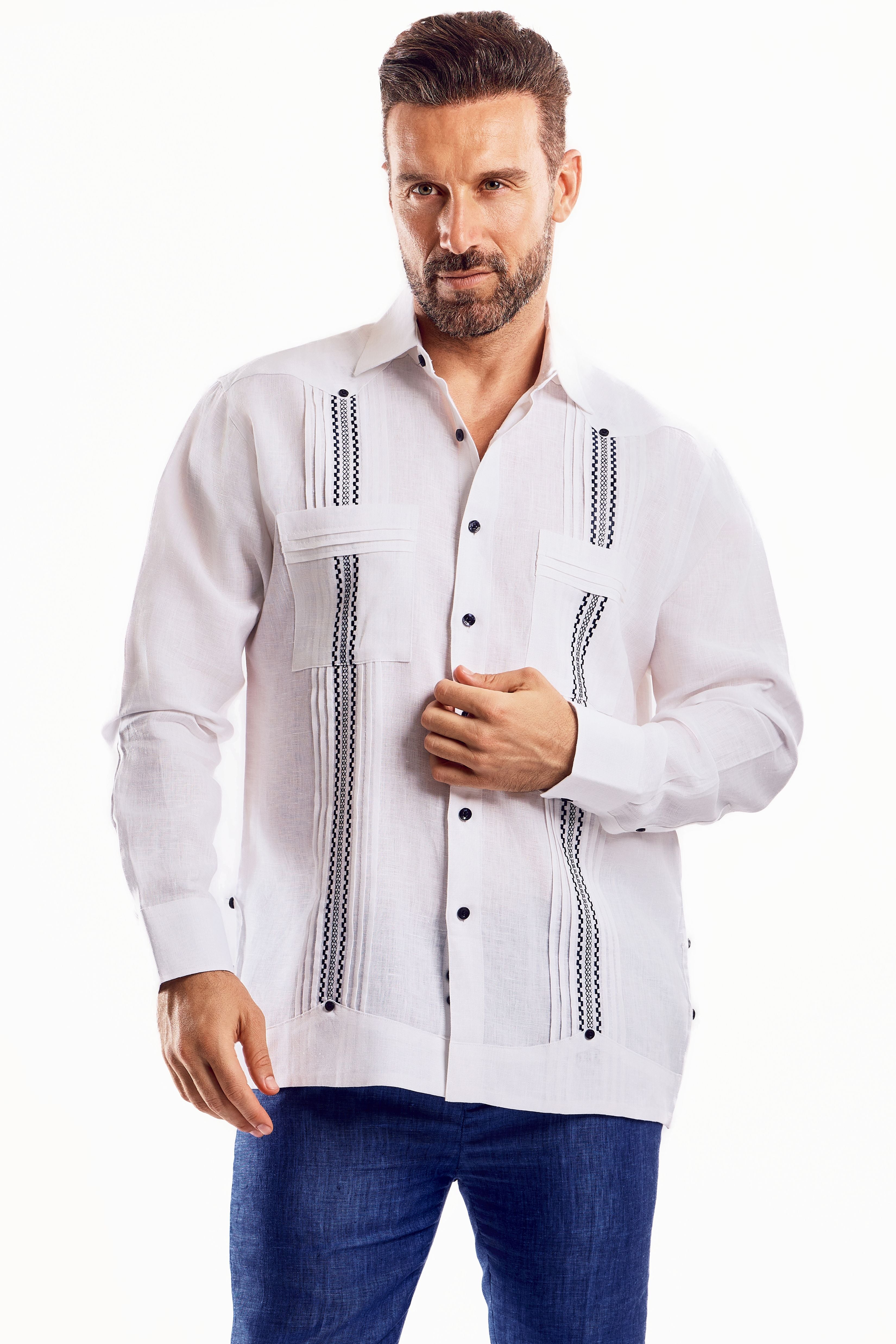 Men's Plus Size Embroidery Trimmed Guayabera Shirt Long Sleeve