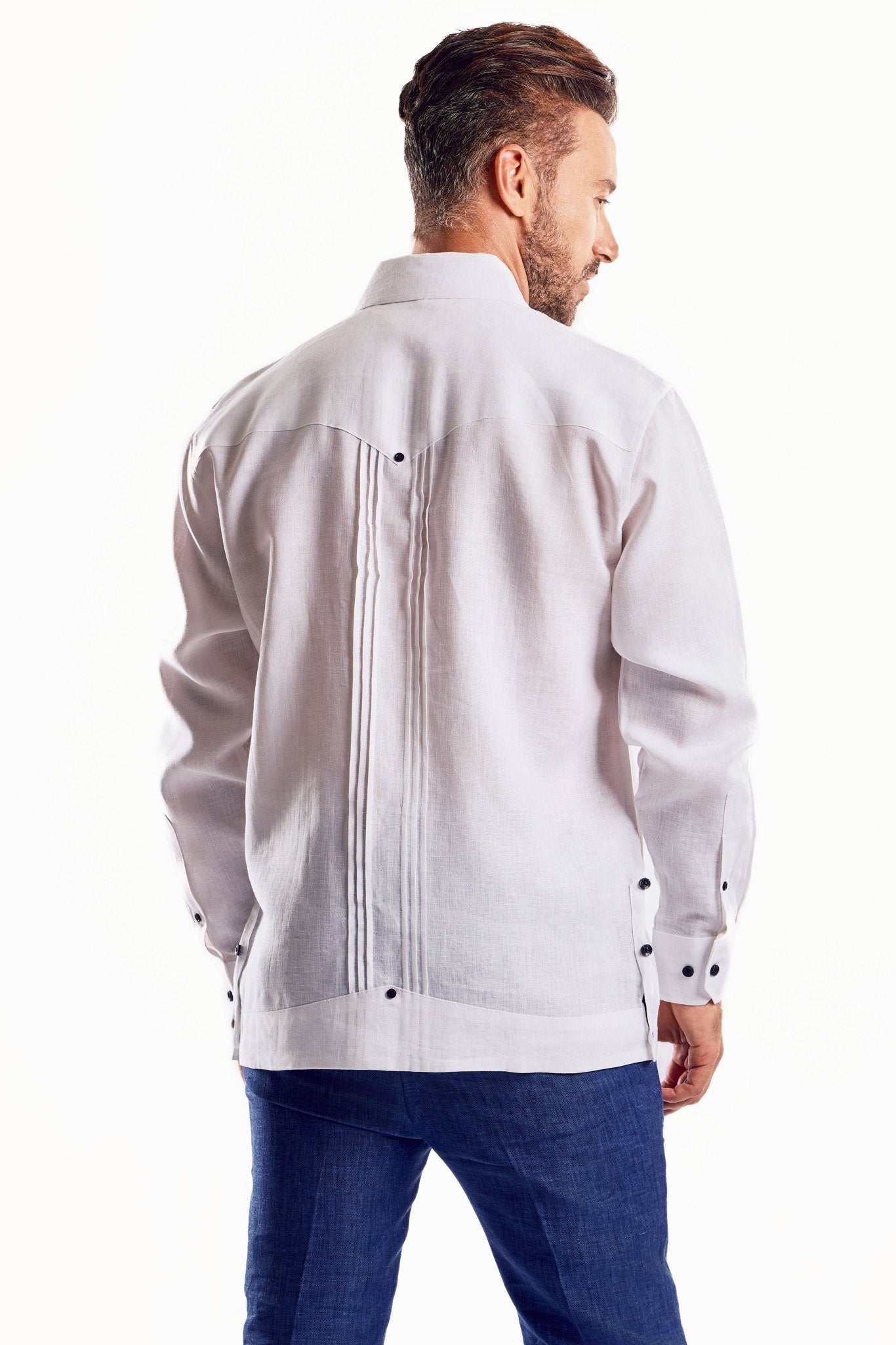 Men's 100% Linen Guayabera Shirt Long Sleeve with Embroidered Trim