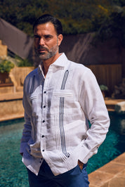 Men's 100% Linen Guayabera Shirt Long Sleeve with Embroidered Trim