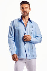 Men’s Plus Size 100% Linen Guayabera Shirt with Contrast Trim – Long Sleeve