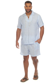 Pantalones cortos casuales de playa Mojito para hombre con cordón y estampado de rayas finas en mezcla de lino