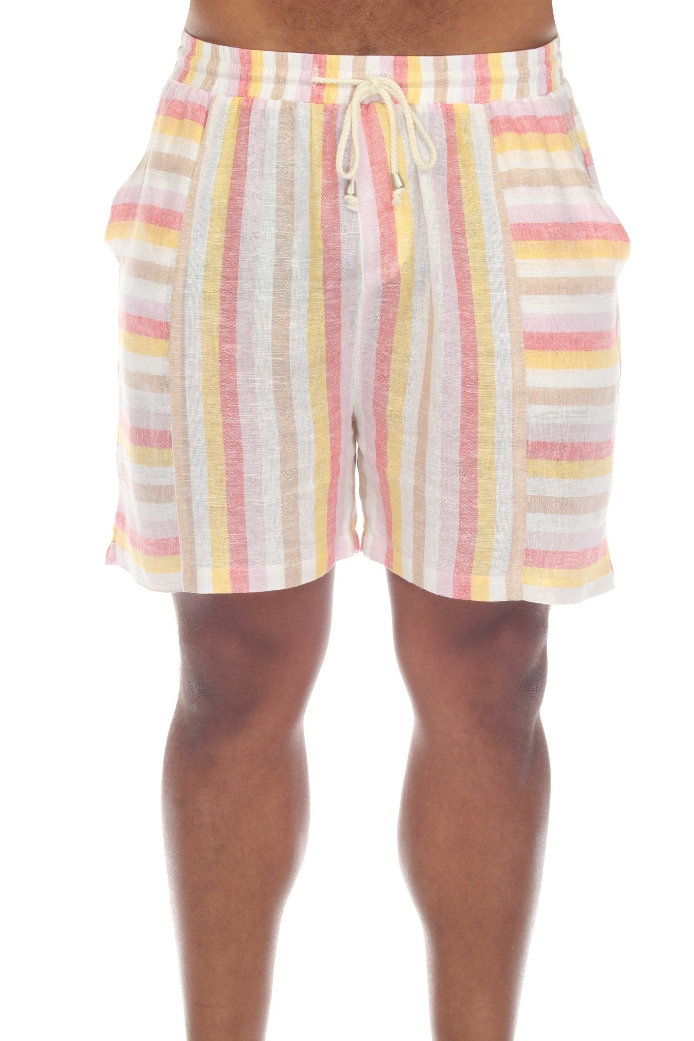 Pantalones cortos casuales de playa para hombre con cordón y estampado de rayas diplomáticas en mezcla de lino