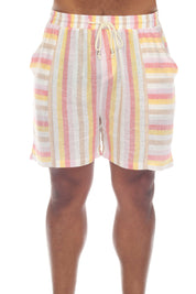 Pantalones cortos casuales de playa Mojito para hombre con cordón y estampado de rayas finas en mezcla de lino