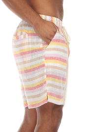 Pantalones cortos casuales de playa Mojito para hombre con cordón y estampado de rayas finas en mezcla de lino