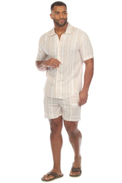 Pantalones cortos casuales de playa Mojito para hombre con cordón y estampado de rayas finas en mezcla de lino