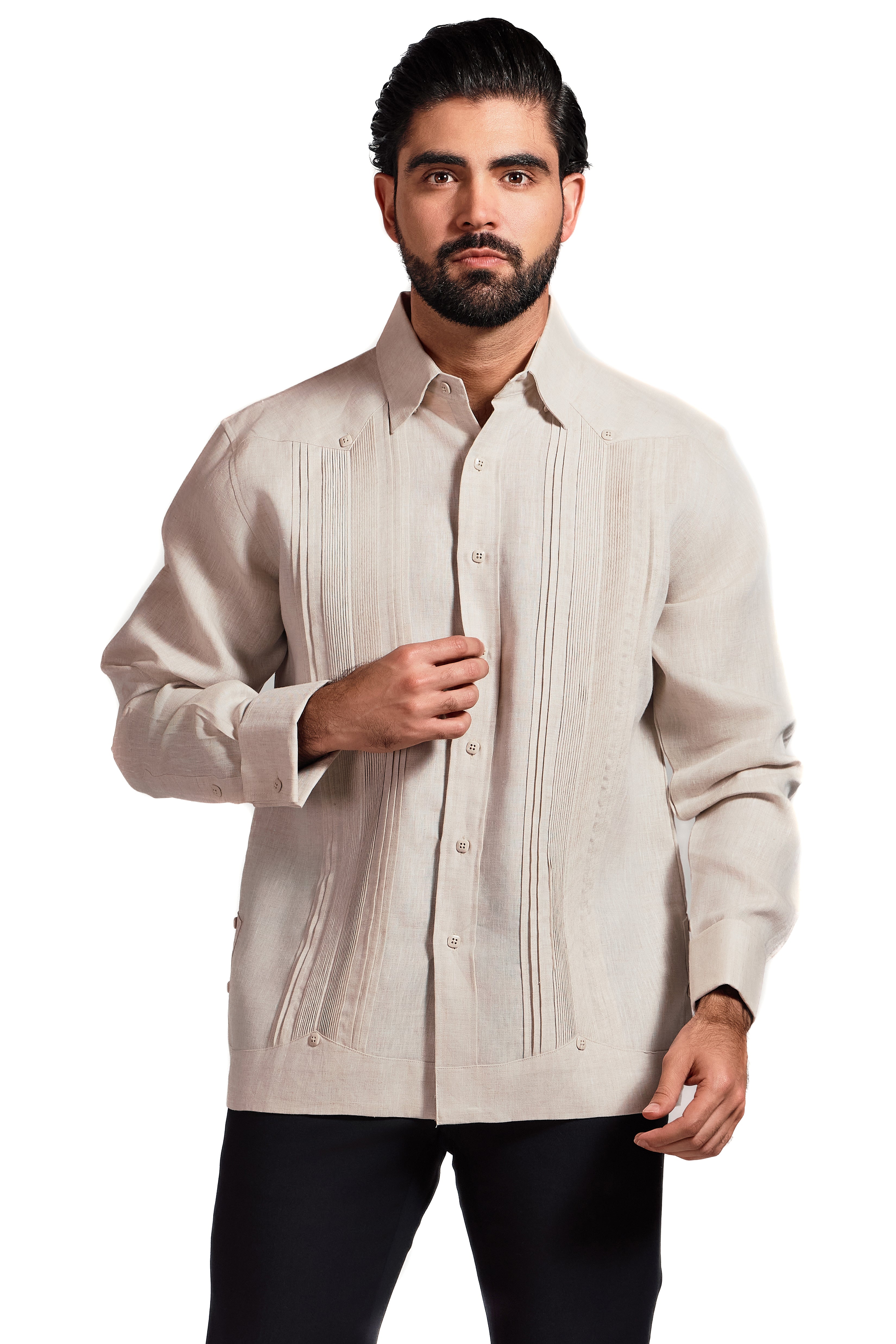 Mojito Men’s Formal 100% Linen Guayabera Long Sleeve Pleated Shirt with French Cuffs
