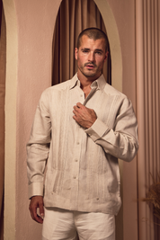 Mojito Men’s 100% Linen Formal Guayabera Long Sleeve Pleated Shirt with French Cuffs