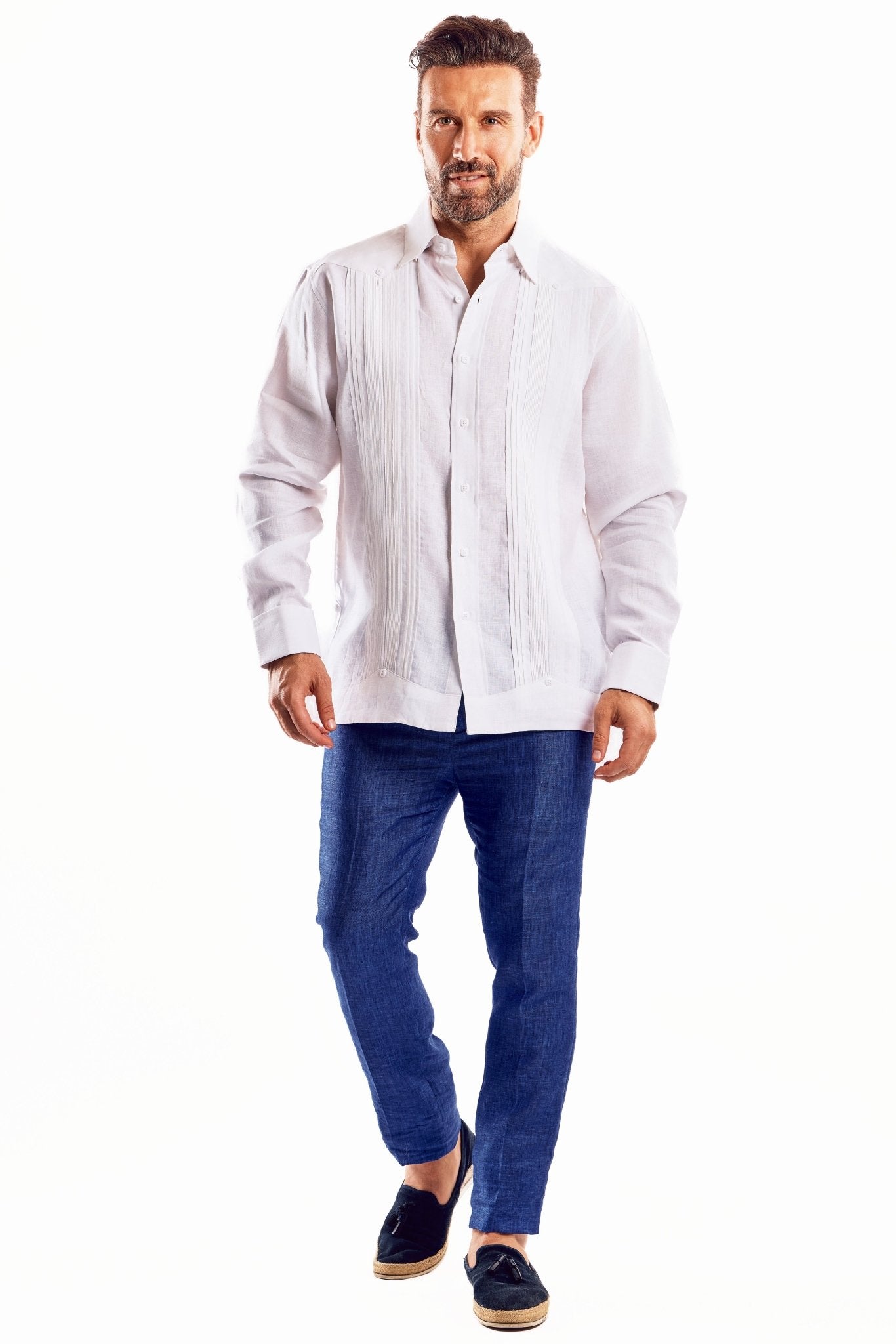 Men’s 100% Linen Formal Guayabera Long Sleeve Pleated Shirt with French Cuffs