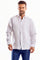 A man wears a white, long-sleeve Men's Linen Formal Guayabera shirt with pleated front and French cuffs.