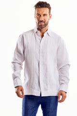 Camisa formal tipo guayabera de manga larga plisada con puños franceses para hombre, 100 % lino