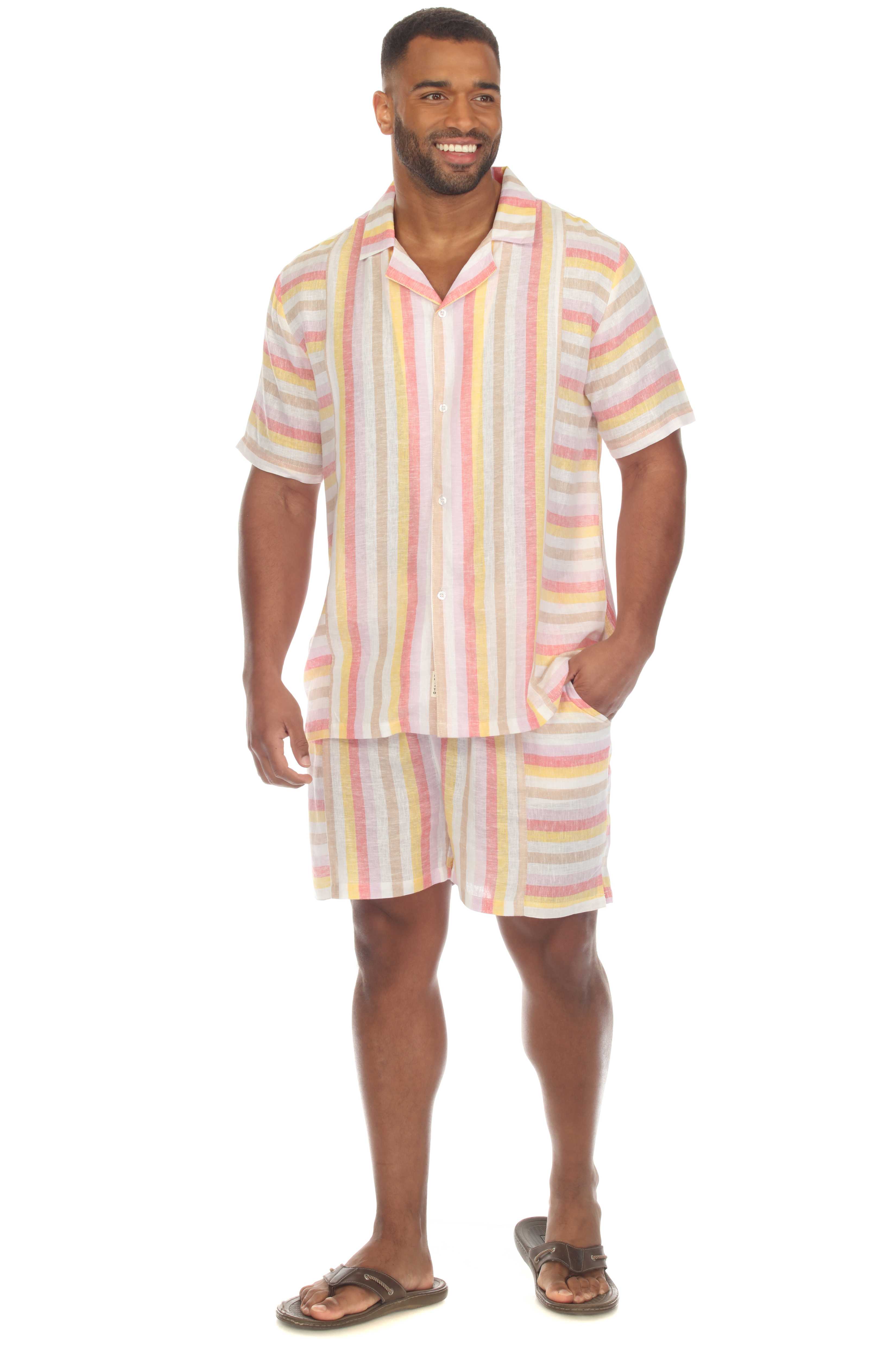 Pantalones cortos casuales de playa Mojito para hombre con cordón y estampado de rayas finas en mezcla de lino