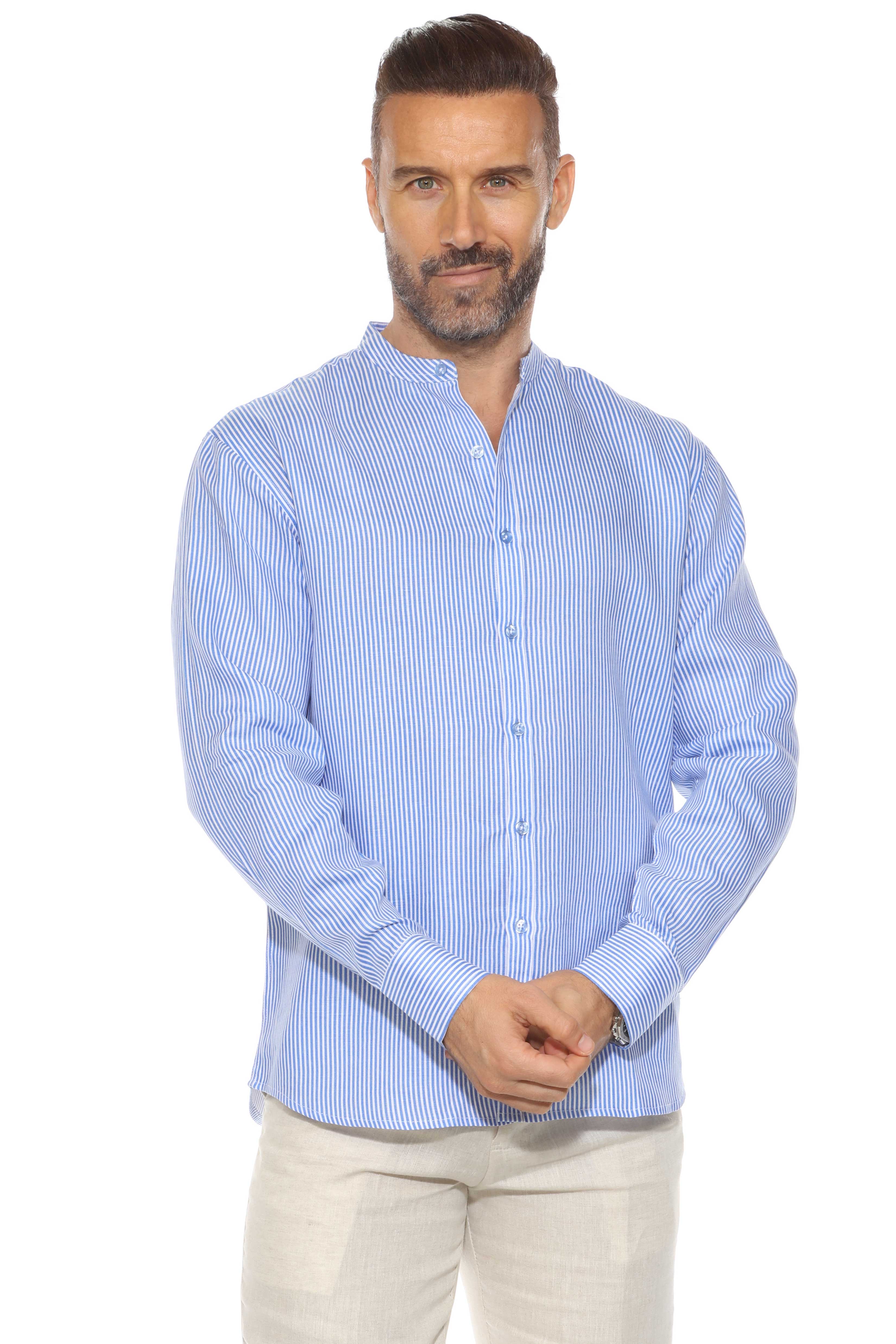 Camisa de hombre con cuello mandarín y raya diplomática, 100 % lino, manga larga, botones