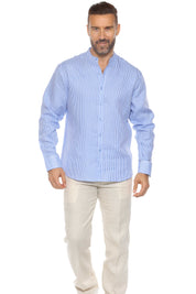 Camisa de hombre con cuello mandarín y raya diplomática, 100 % lino, manga larga, botones