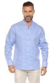 Camisa de hombre con cuello mandarín y raya diplomática, 100 % lino, manga larga, botones