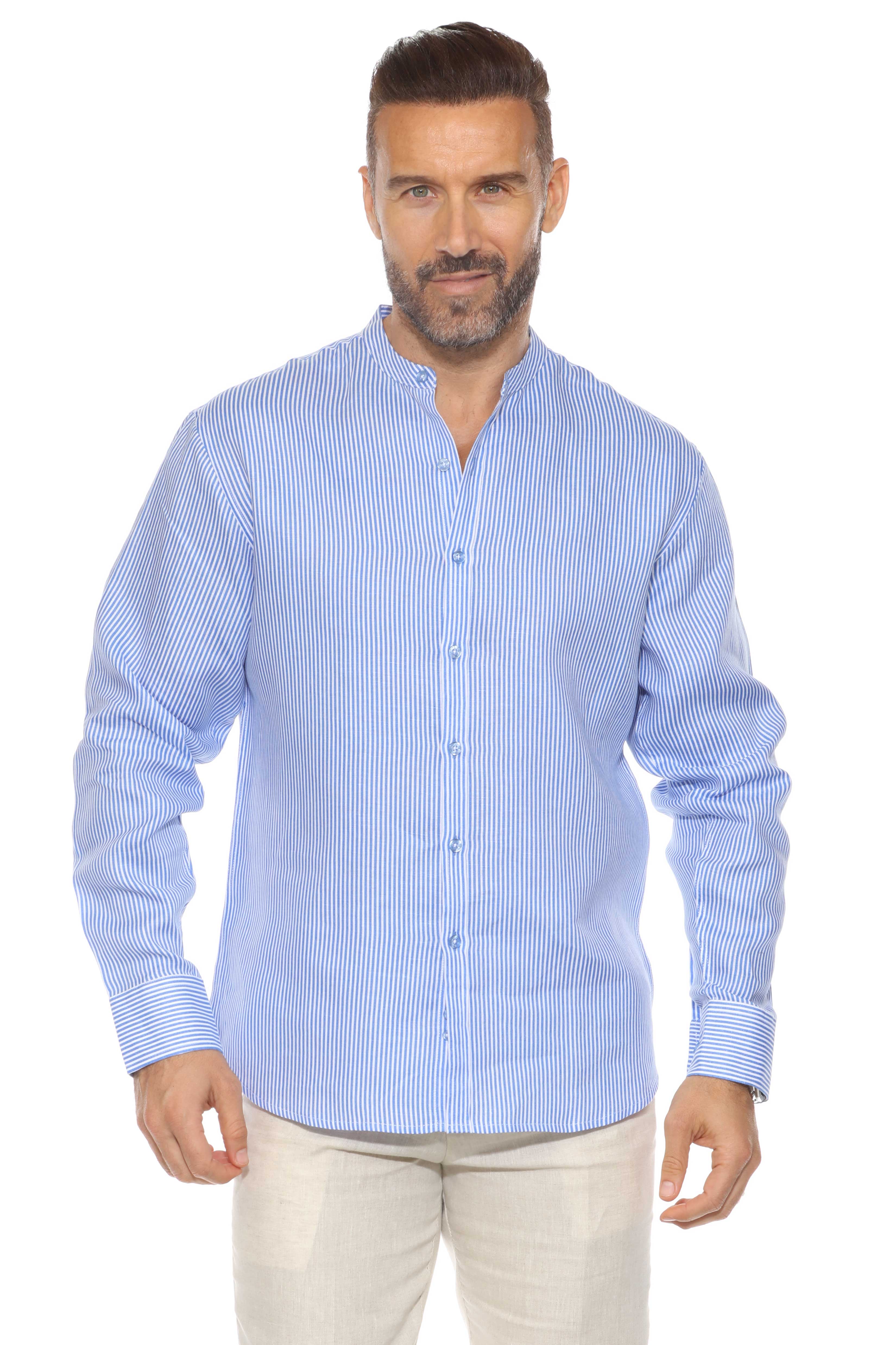 Camisa de hombre con cuello mandarín y raya diplomática, 100 % lino, manga larga, botones