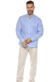 Camisa de hombre con cuello mandarín y raya diplomática, 100 % lino, manga larga, botones