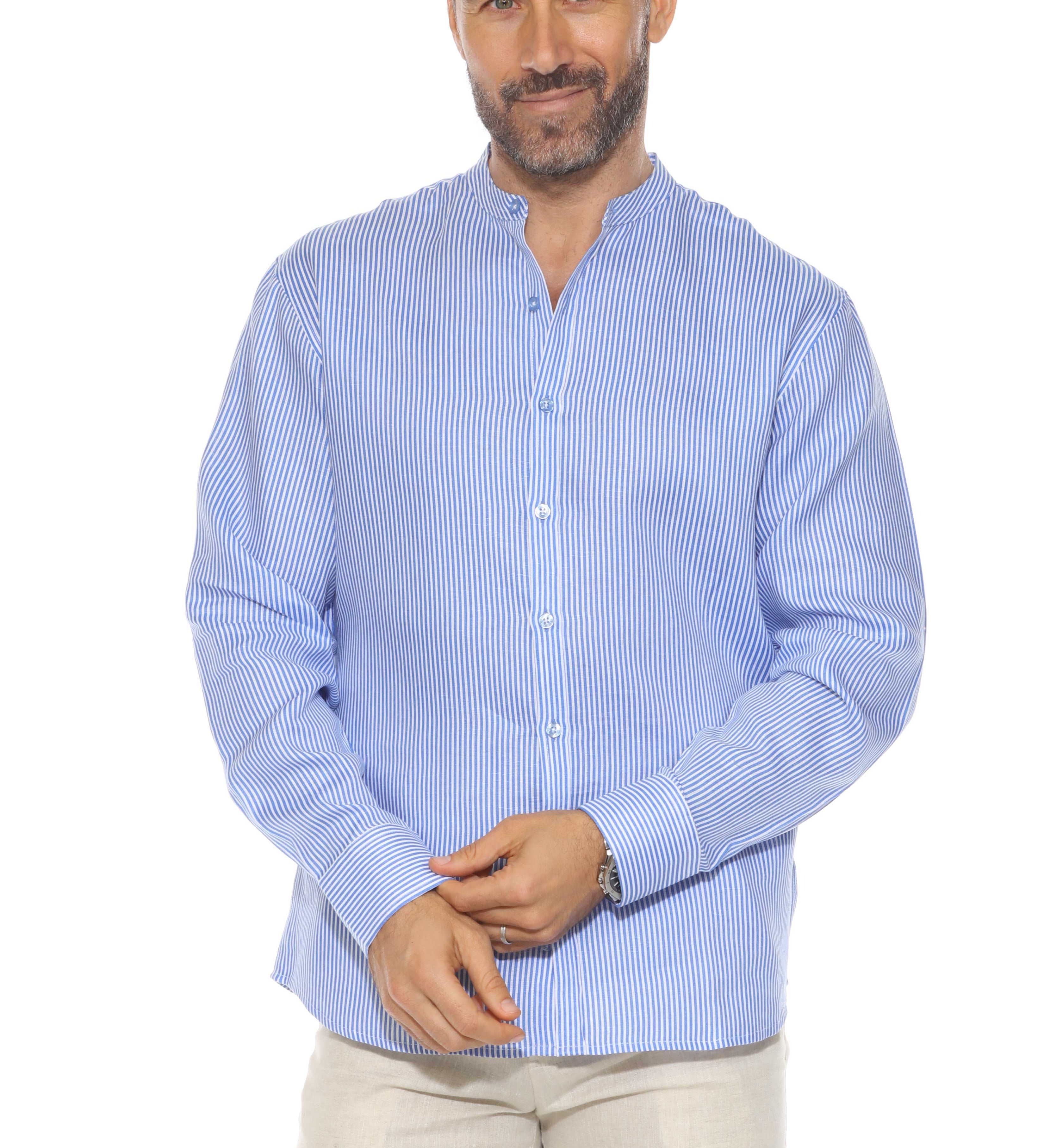 Men's Pinstripe Mandarin Collar Shirt 100% Linen Long Sleeve Button Down
