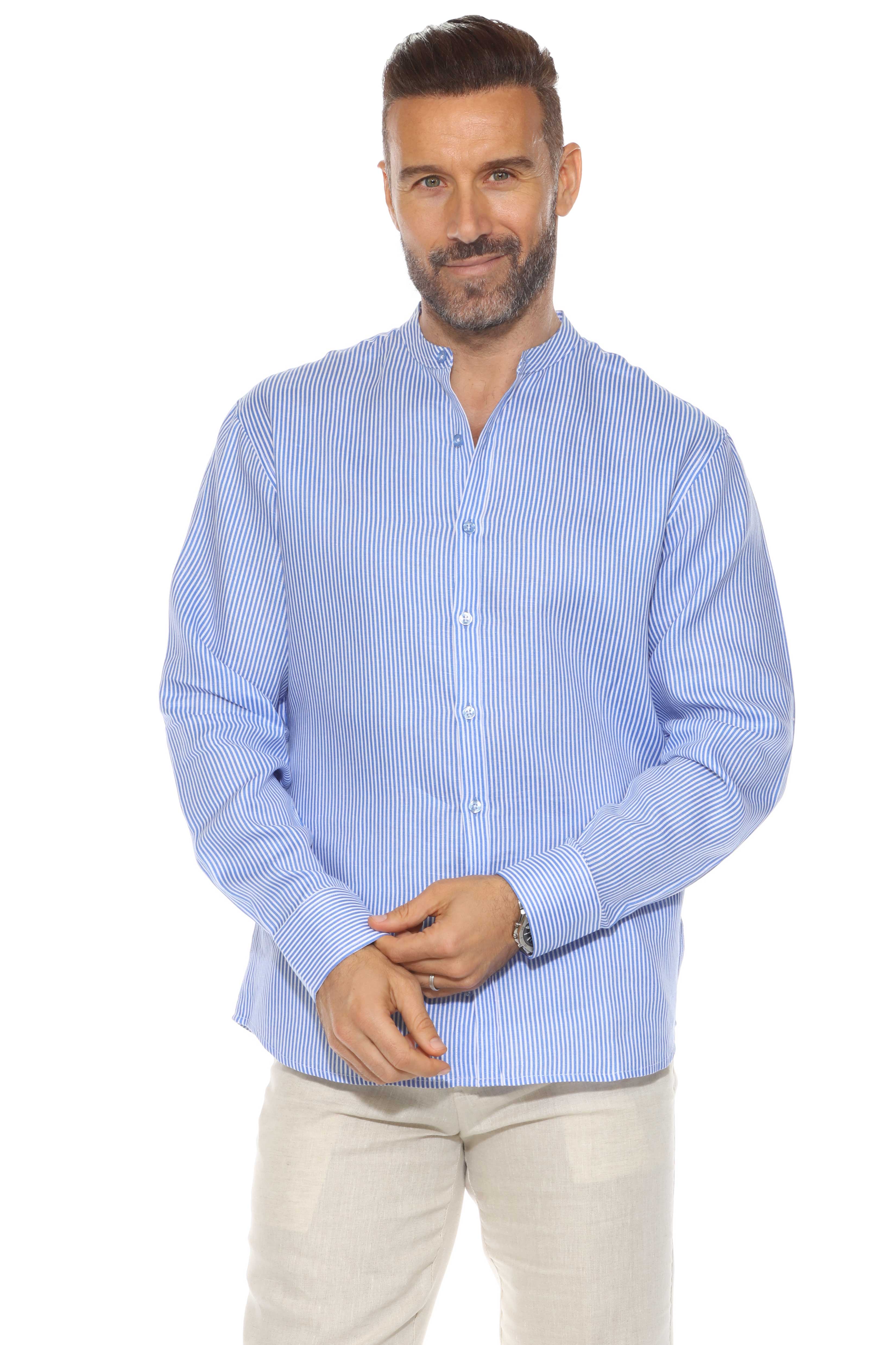 Camisa de hombre con cuello mandarín y raya diplomática, 100 % lino, manga larga, botones