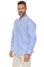Camisa de hombre con cuello mandarín y raya diplomática, 100 % lino, manga larga, botones
