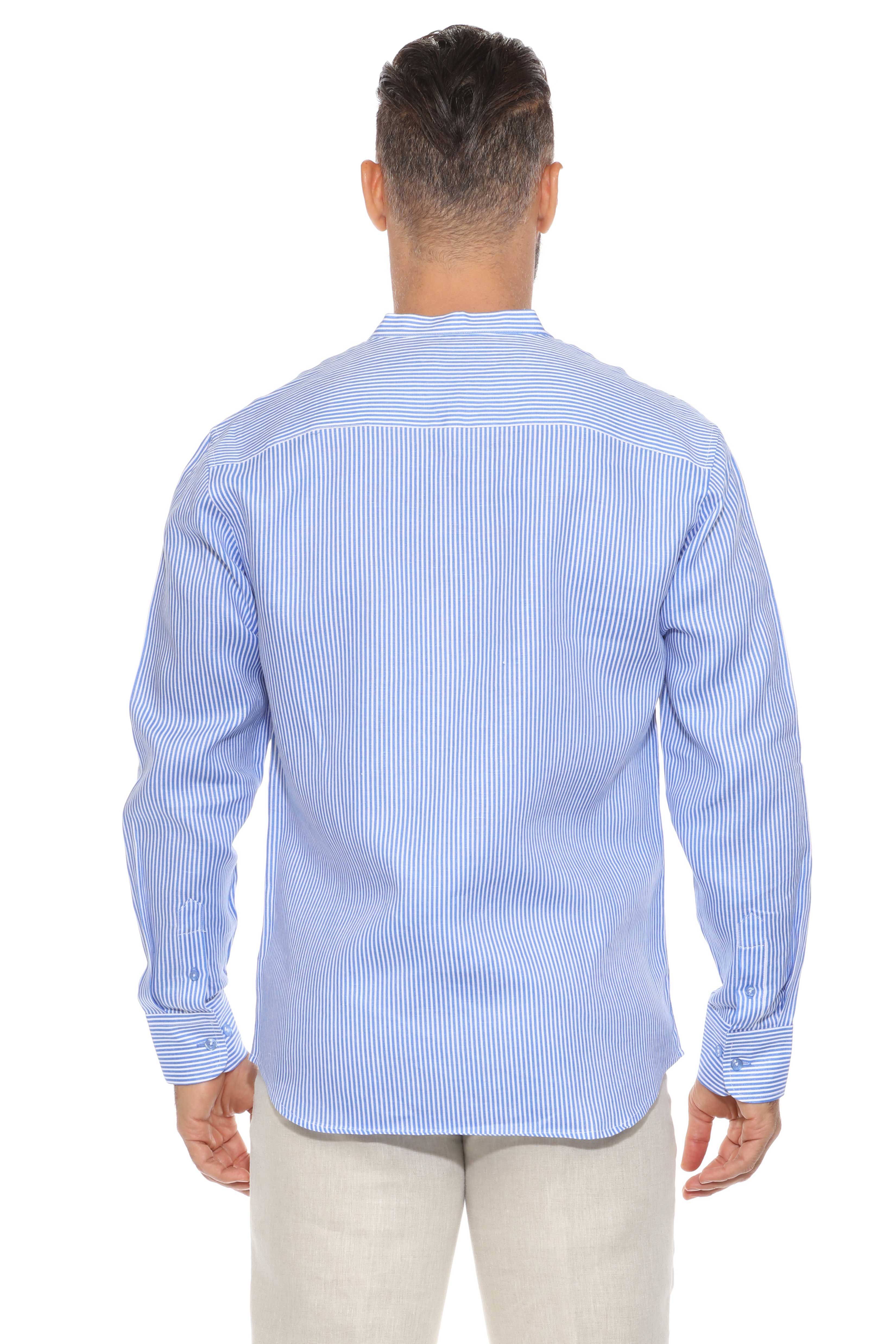 Camisa de hombre con cuello mandarín y raya diplomática, 100 % lino, manga larga, botones
