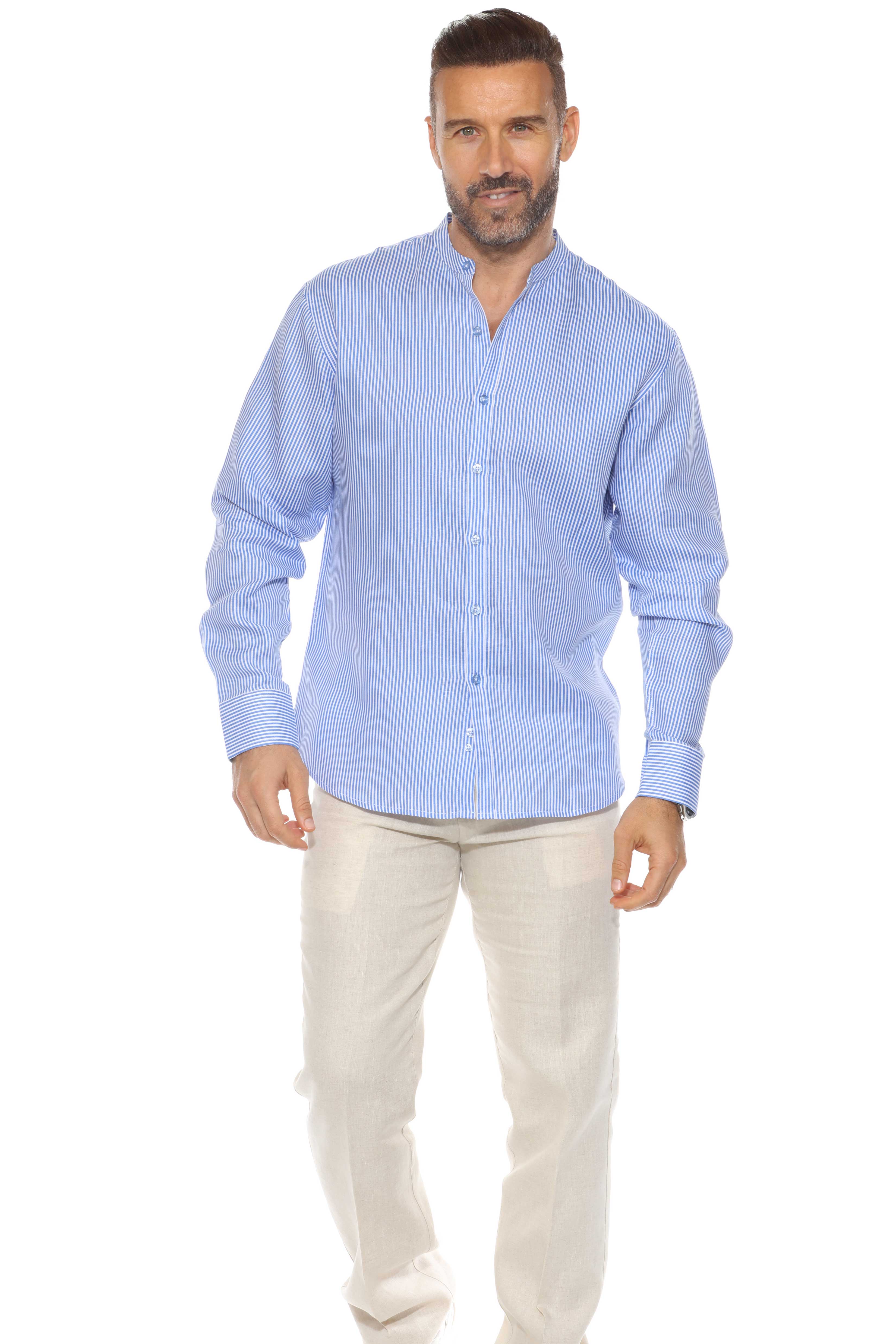 Camisa de hombre con cuello mandarín y raya diplomática, 100 % lino, manga larga, botones