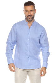 Camisa de hombre con cuello mandarín y raya diplomática, 100 % lino, manga larga, botones