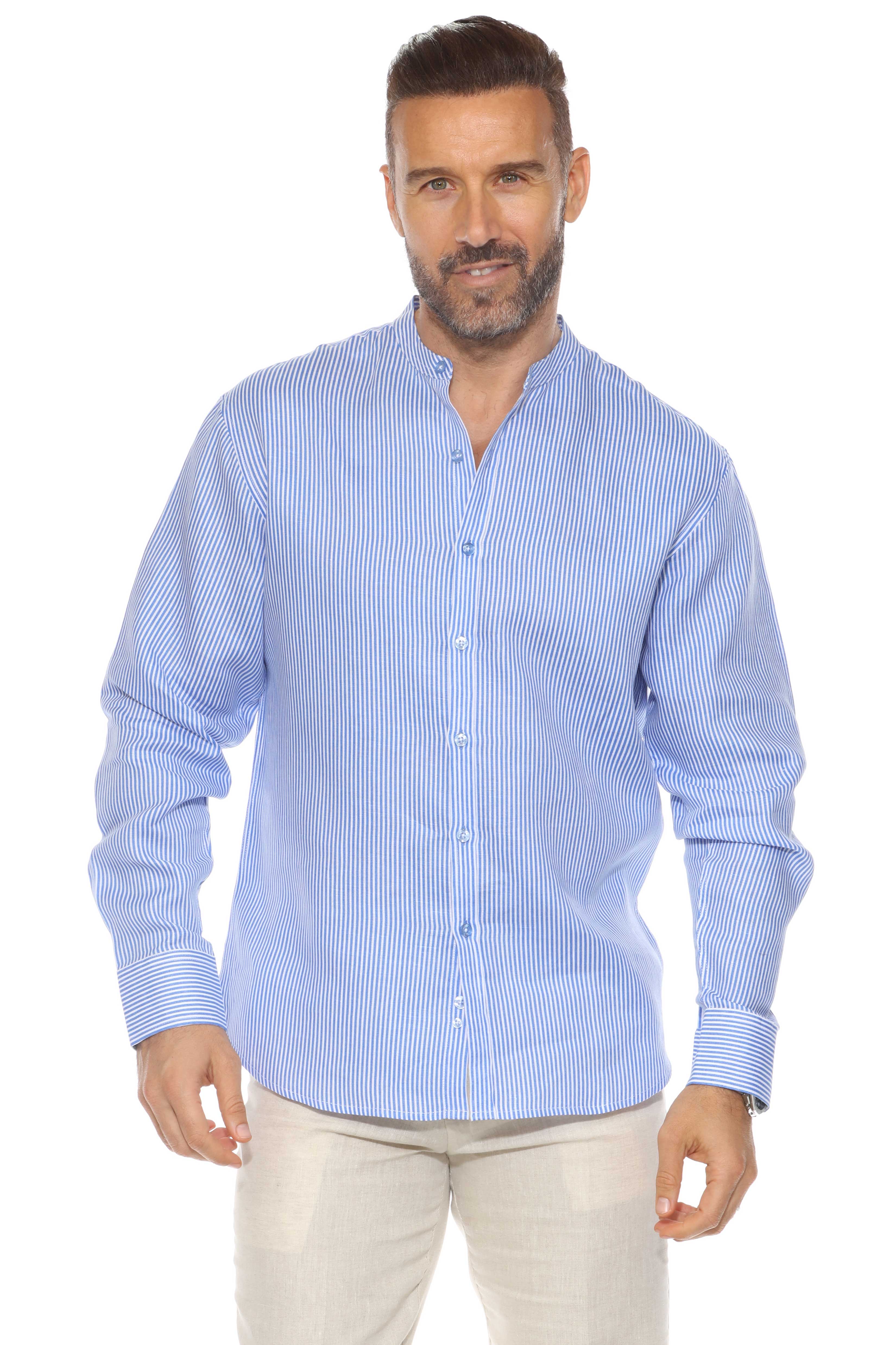 Camisa de hombre con cuello mandarín y raya diplomática, 100 % lino, manga larga, botones
